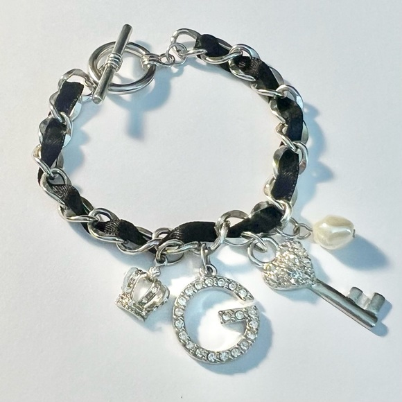 Guess Rhinestone Charm Link Bracelet with Black Band - Picture 2 of 7